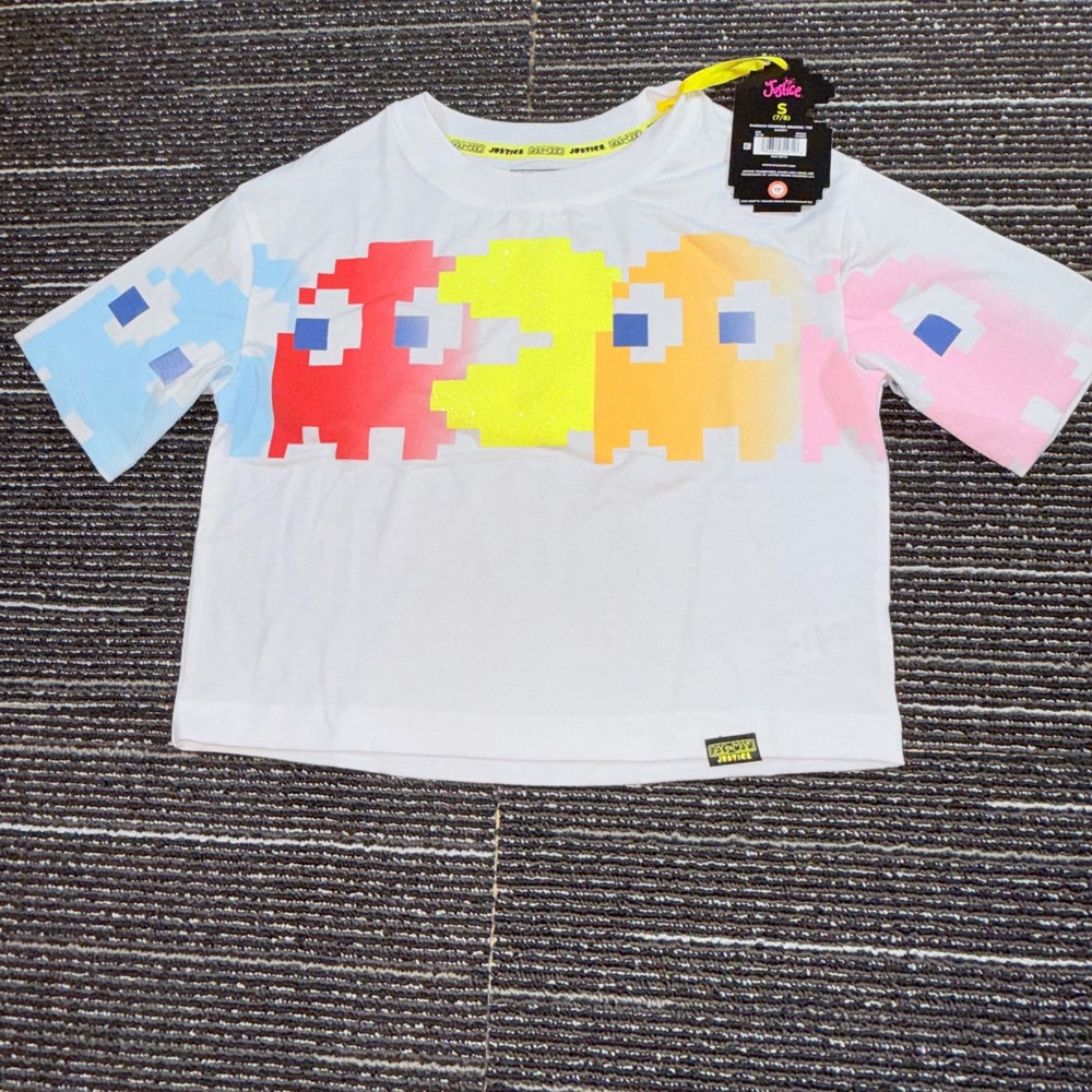 Justice Pac-Man Cropped Graphic Tee Kids Size S 7/8 New Retro Arcade Glitter